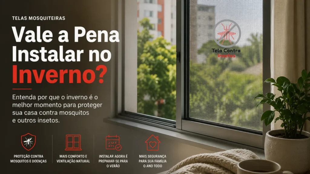 Janela residencial com tela mosquiteira instalada durante o inverno, permitindo ventilação natural e protegendo a casa contra mosquitos e outros insetos.