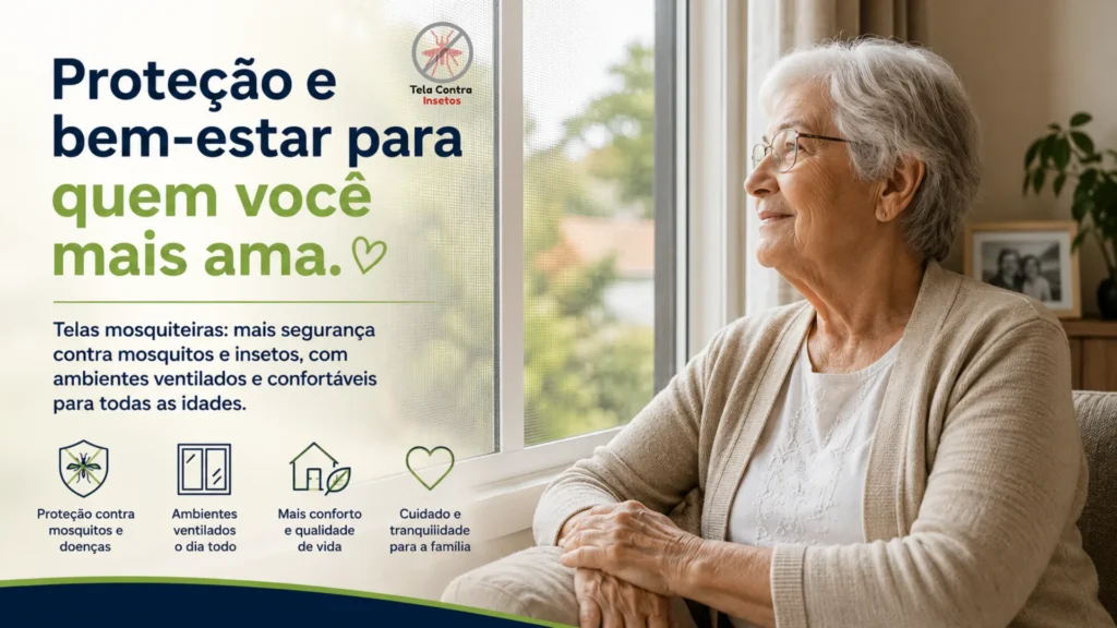 Pessoa idosa observando pela janela protegida com tela mosquiteira instalada para impedir a entrada de mosquitos e outros insetos.