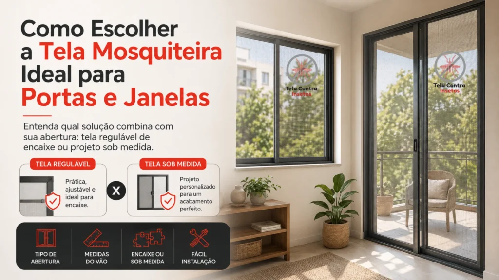 Comparação entre tela mosquiteira regulável e tela sob medida para portas e janelas de correr.